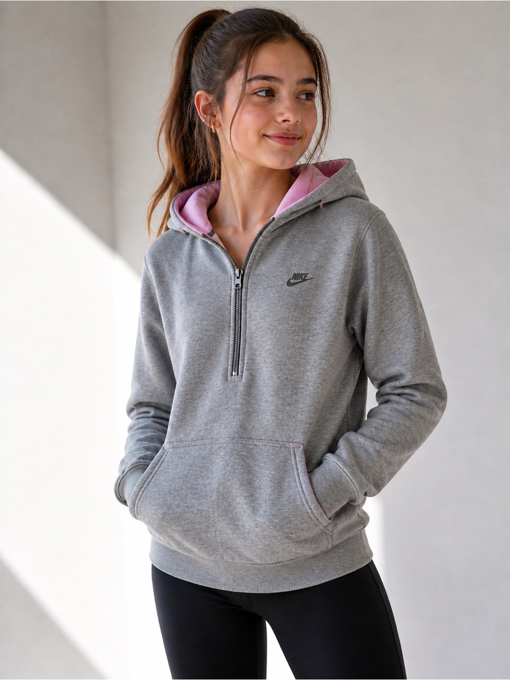 Nike Girls Half Zip Hoodie Gray Pink Trim Youth XL (14–16) Athleisure